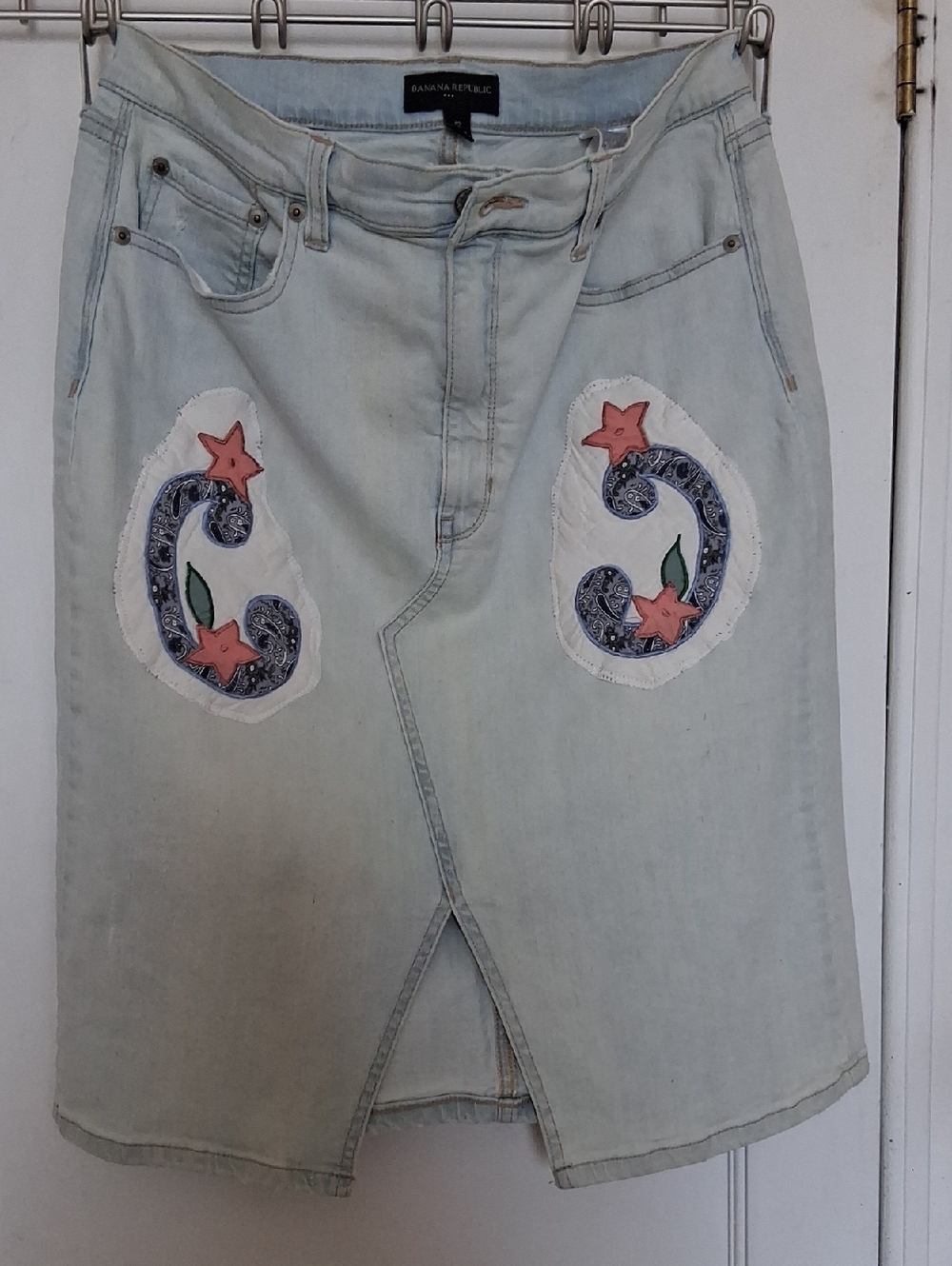 Banana Republic Light Blue Denim Skirt Upcycled with Embroidered Paisley Patches